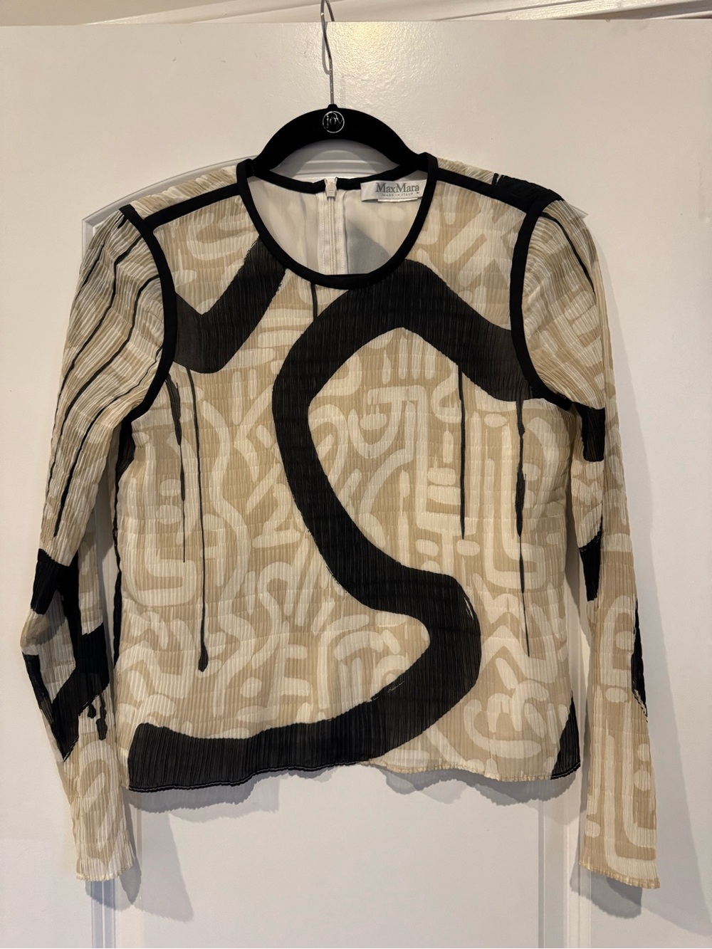 MaxMara Beige and Black Abstract Sheer Long-Sleeve Top